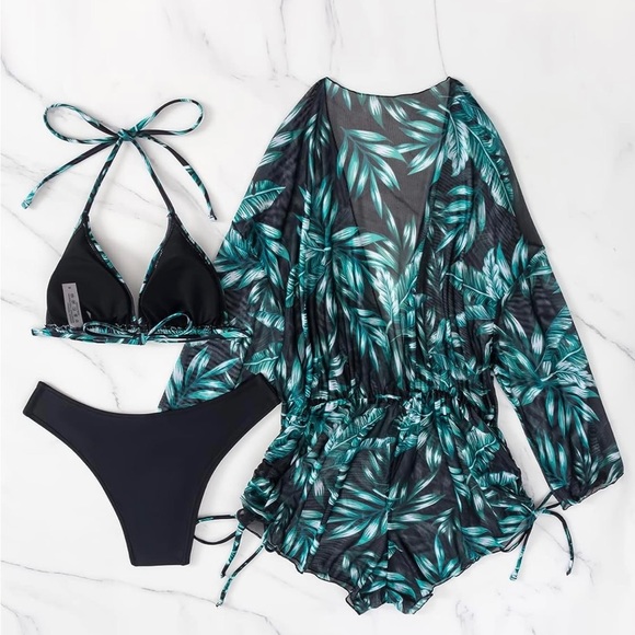 Women's 3 Piece Swimsuit Leaf Print Halter Drawstring Side Bikini Set & Cover Up - Picture 3 of 10